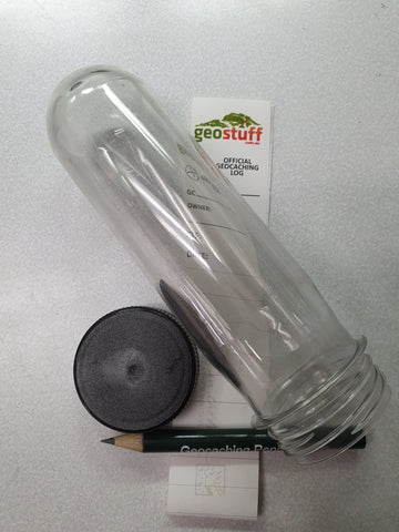 Preform XL Tube Clear with FTF Pop Top - Ready to go cache container - with pencil and logstrip