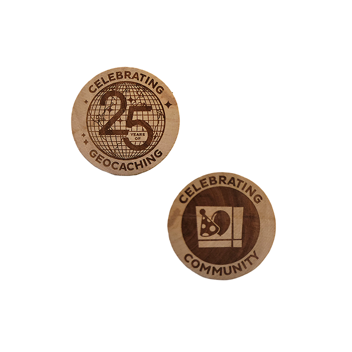 Wooden Nickel SWAG Coin- Celebrating 25 Years of Geocaching
