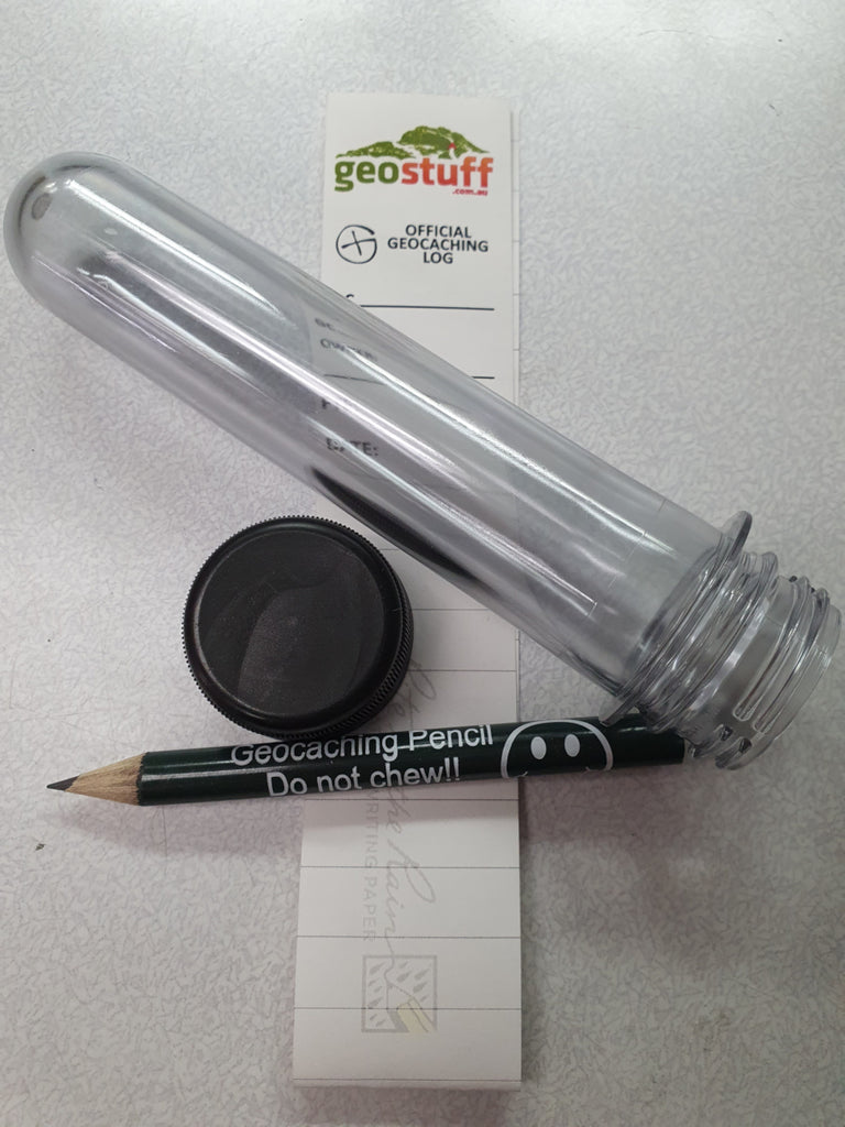 Preform Tube Clear with FTF Pop Top - Ready to go cache container - with pencil and logstrip